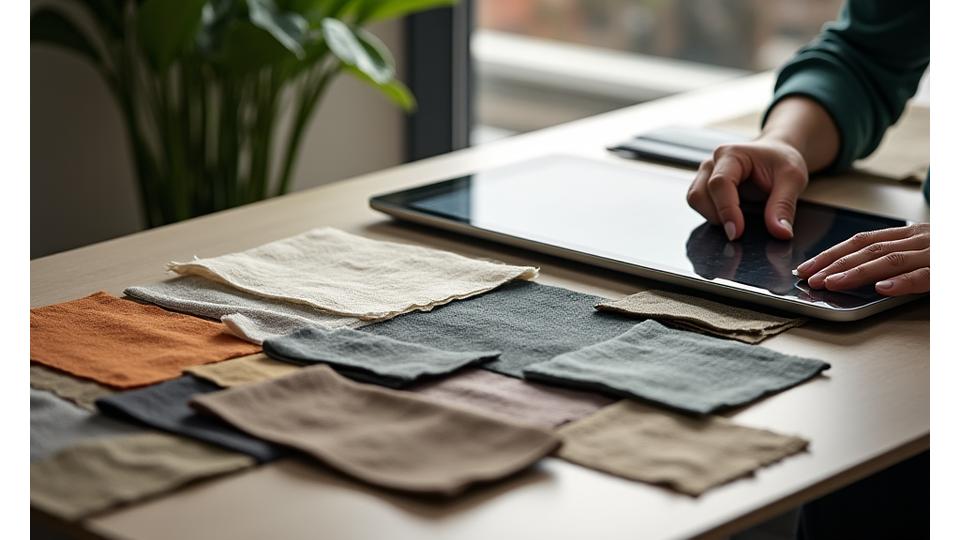A diverse project portfolio collage showcasing both technological interfaces and elegant textile samples, highlighting Woven Rooms' broad expertise
