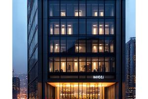 Sleek, modern urban hotel facade at night