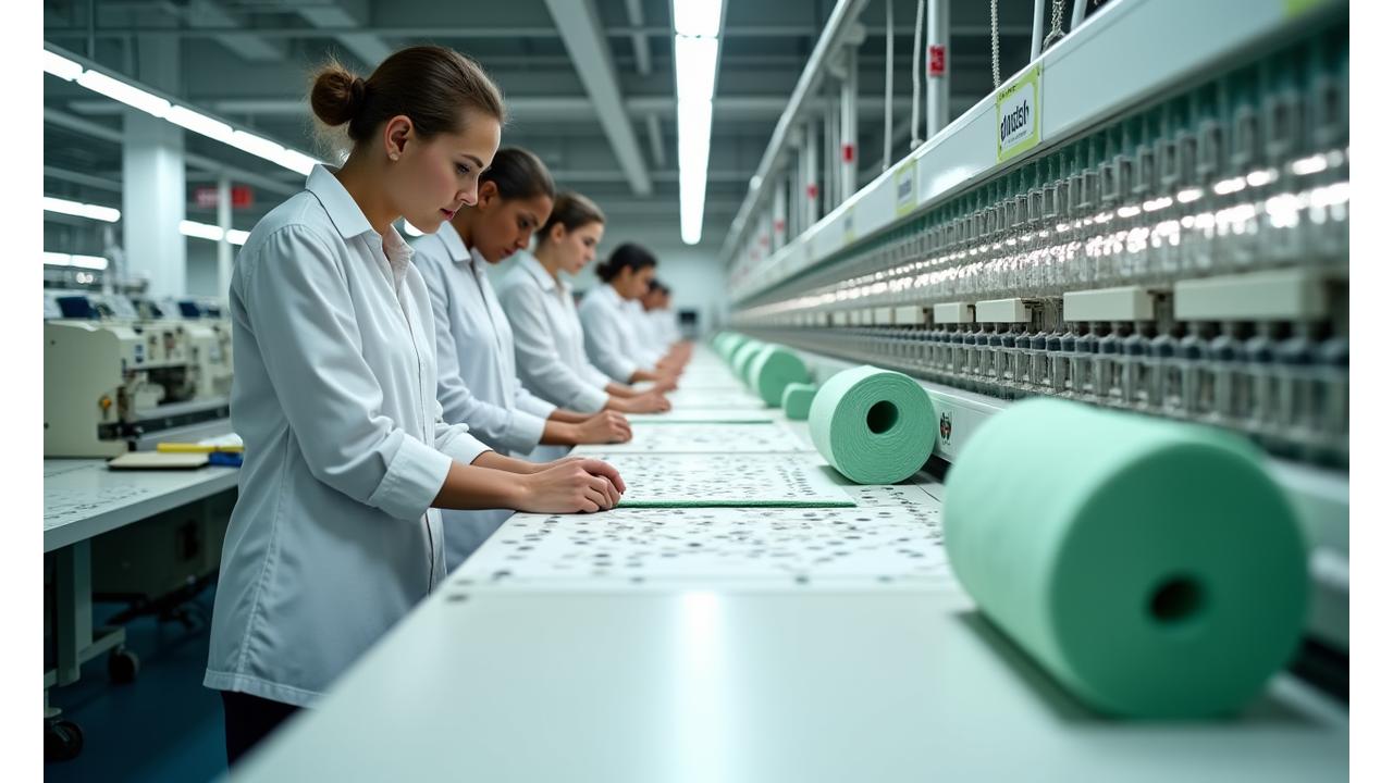 A modern textile manufacturing floor with skilled operators overseeing production of bespoke hotel linens.