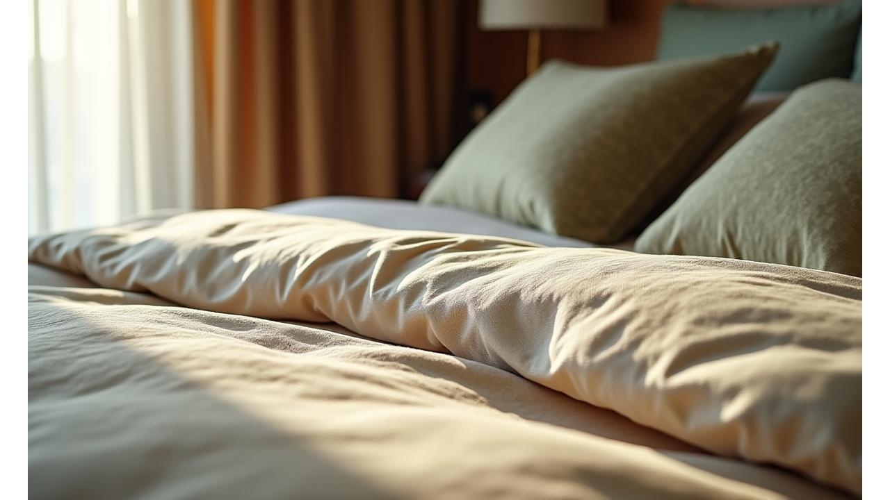 Luxury hotel bed with bespoke bedding and custom drapes, showcasing intricate weaving and a premium finish. Impeccable attention to detail for five-star accommodations.