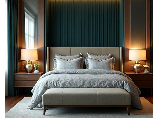 A tastefully decorated boutique hotel room featuring custom patterned bedding and elegant sheer drapes.