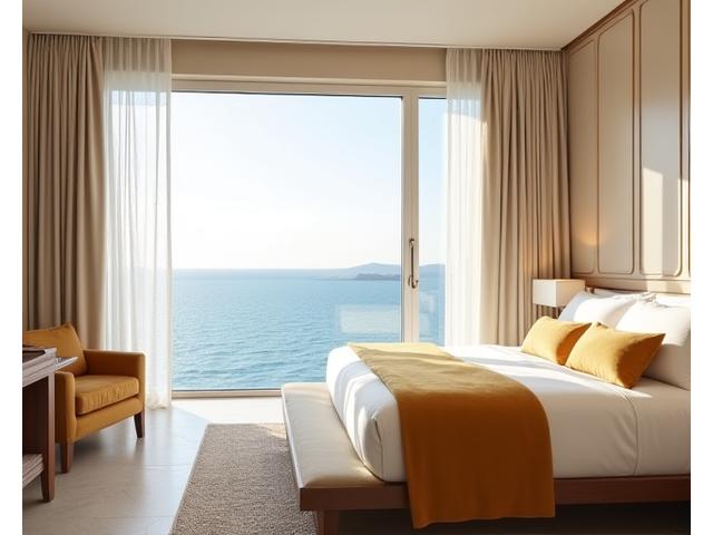 A grand luxury resort suite with flowing bespoke drapery and a plush king-size bed, overlooking an ocean view.