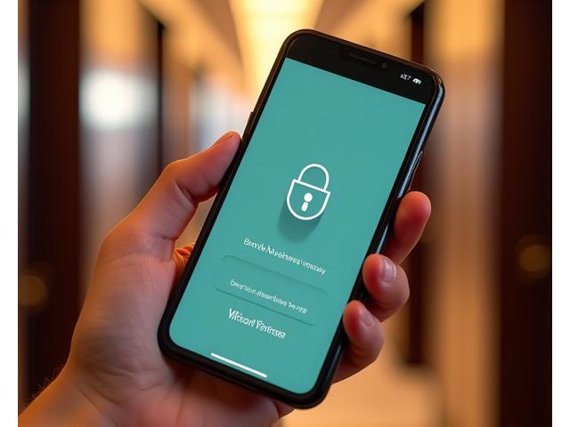 A smartphone screen displaying a digital hotel room key, with a secure lock icon and hotel branding.