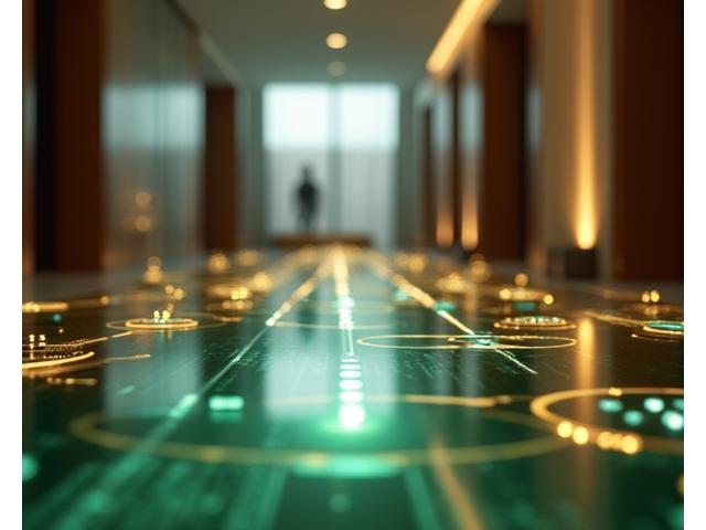 A visual representation of the contactless guest journey, showing a smartphone interacting with a hotel room door, check-in kiosk, and in-room tablet.