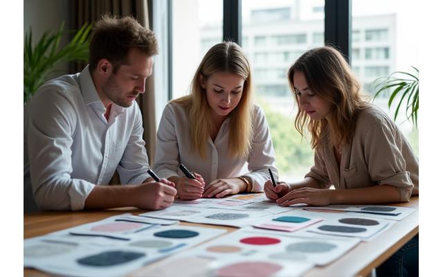Designers collaborating over fabric swatches and mood boards