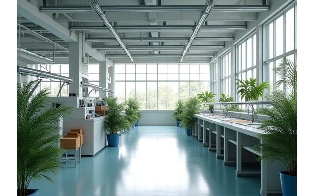 Modern, eco-friendly textile factory with natural light and green initiatives