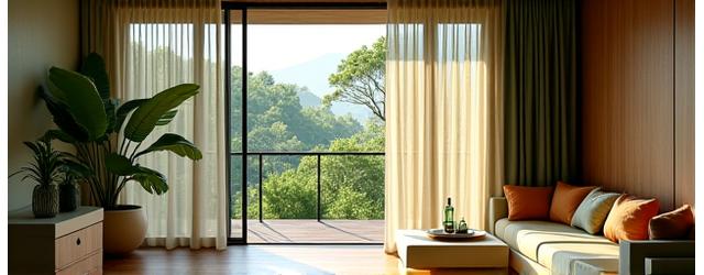 A serene eco-resort suite demonstrating natural light automation and sustainable in-room technology.
