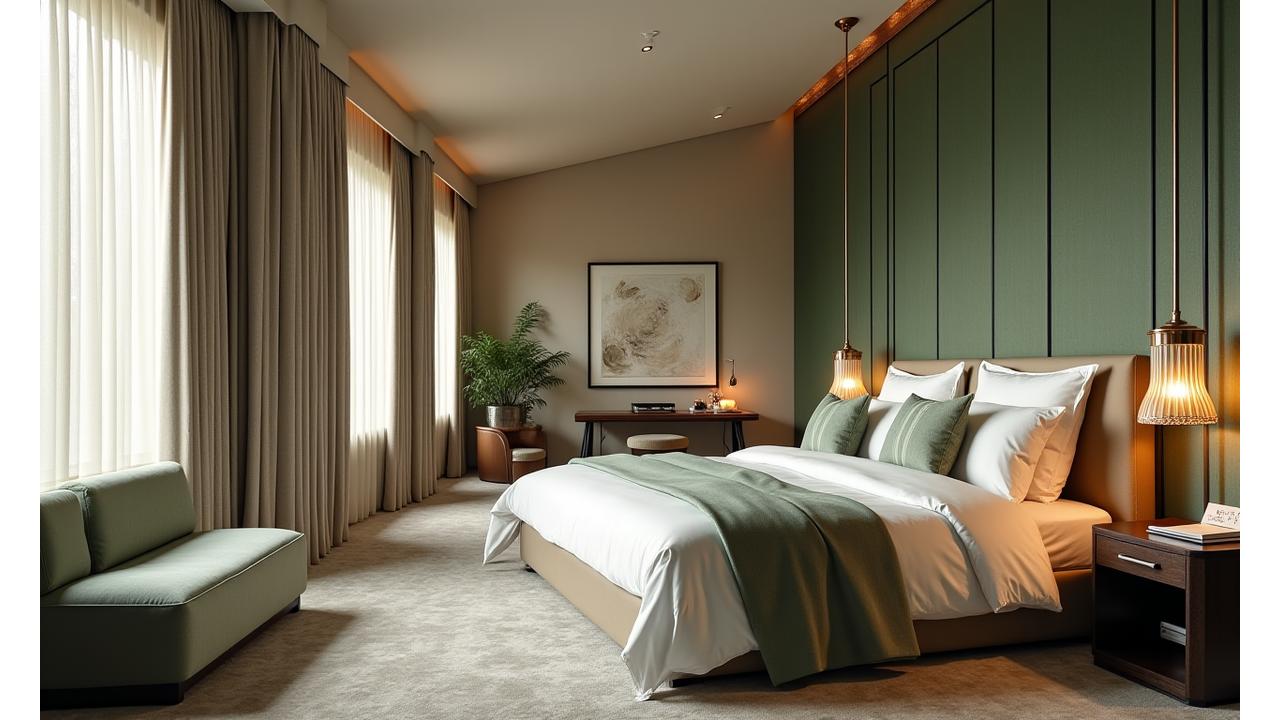 Elegant hotel suite with a certificate of sustainability displayed, emphasizing luxury and eco-friendliness.