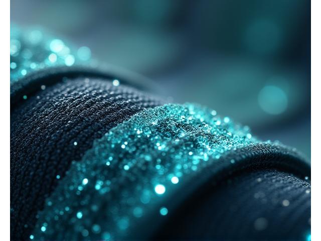 Microscopic view of textile fibers showing a protective antimicrobial layer, with subtle glowing points indicating active agents interacting with bacterial forms.