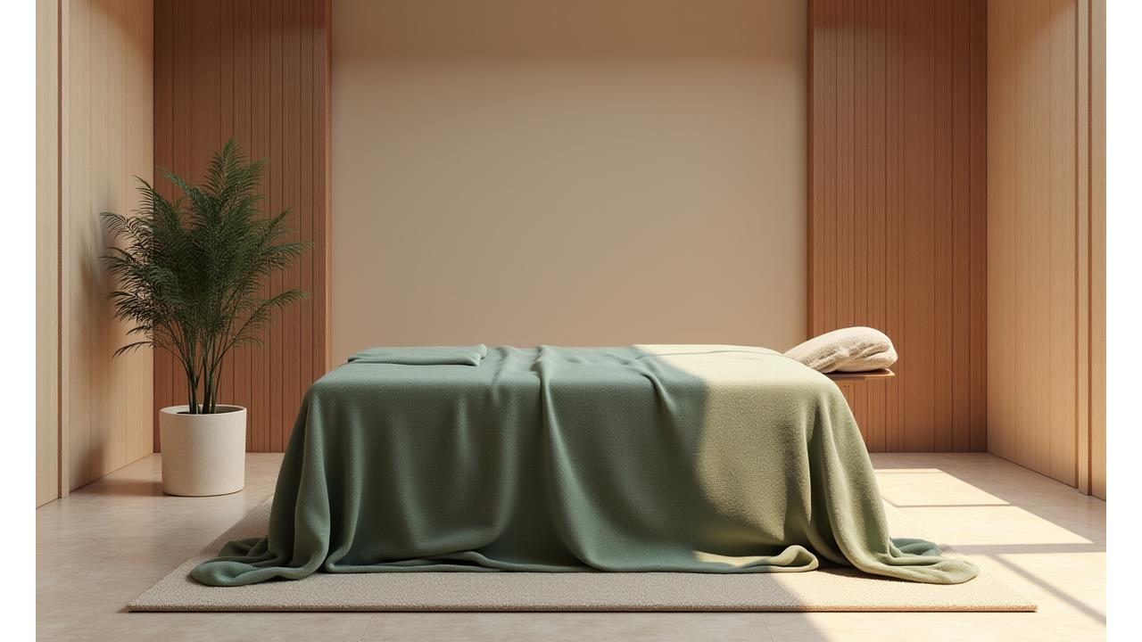 A luxurious, minimalist spa treatment room featuring soft, muted green and beige textiles on a massage bed, surrounded by calming decor and diffused lighting.